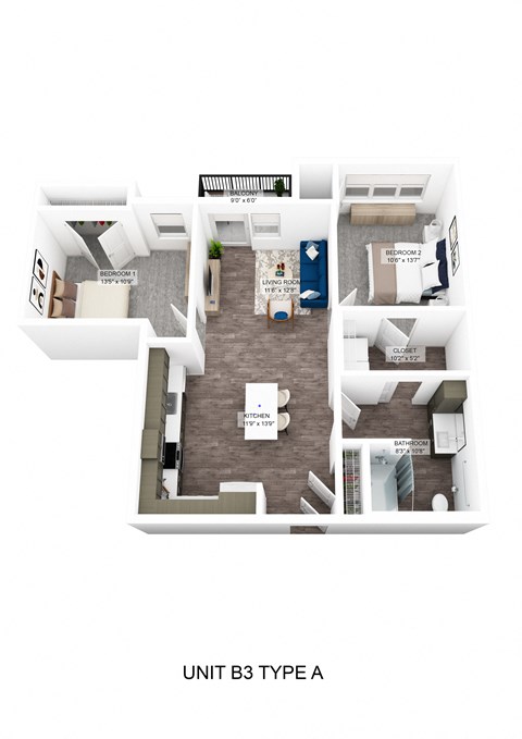 a stylized 3d floor plan of unit bb2a